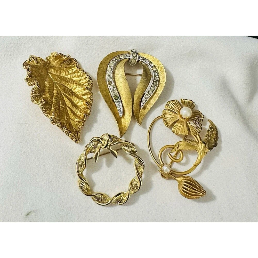 Vintage Gold Tone Brooch Lot of 4 Napier JJ Floral Leaf Rhinestone Faux Pearl